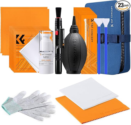 K&F Concept Professional Lens Cleaning Kit for DSLR & Mirrorless Cameras with APS-C/Full-Frame Sensor Cleaning Swabs/Lens Cleaner/Gloves/Camera Blower/Lens Pen Brush/Microfiber Cloths/Carrying Case