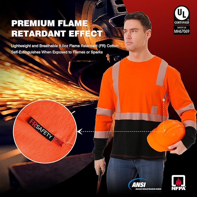 SKSAFETY FR Shirts for Men Long Sleeve, Welding Shirt 6oz Lightweight High Vis Fire Resistant Flame Retardant Shirt CAT2