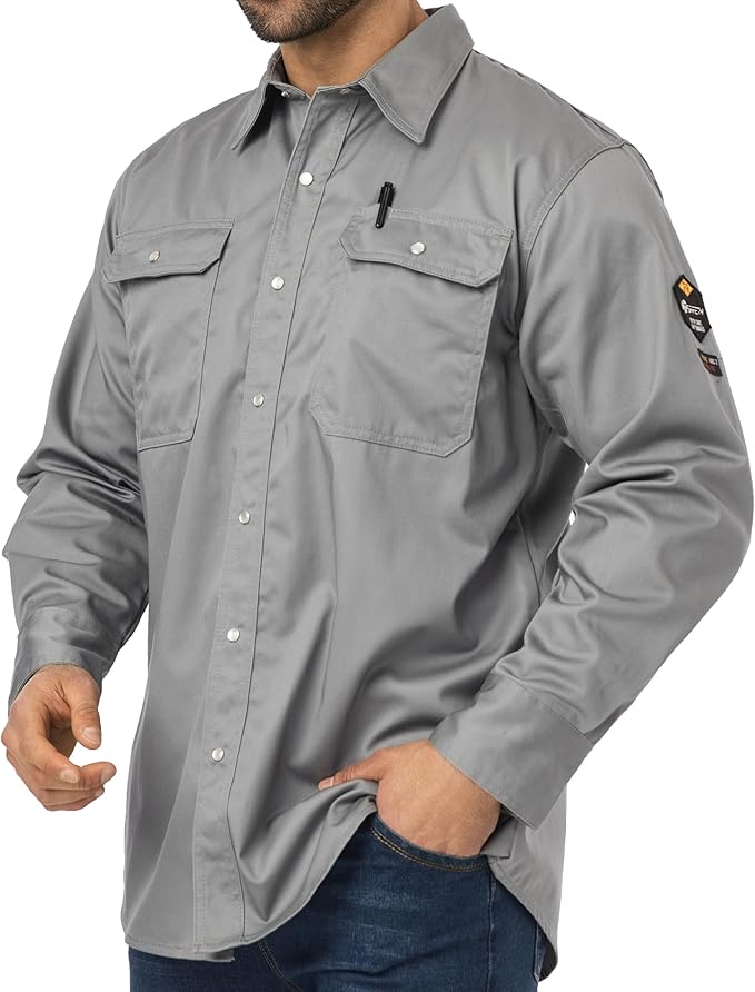 JKSafety 7oz FR Shirts for Men Women NFPA 70E 2112 ARC 2 Fire Resistant Welding Shirts FRC Long Sleeve Safety Workwear