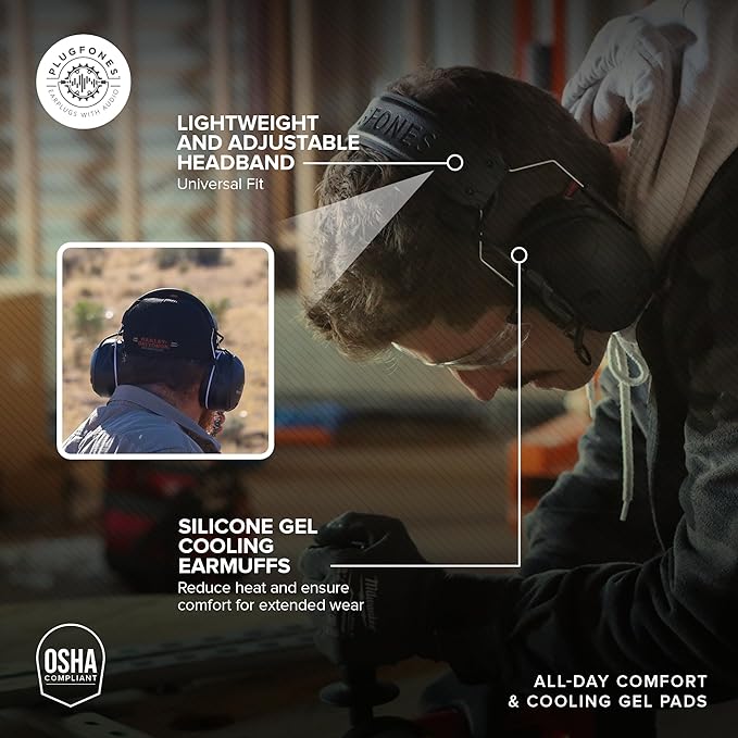 Plugfones Mercenary Tactical Bluetooth Headset – Bluetooth Earmuffs Hearing Protection - Noise Reduction 24dB, Gel Cooling Ear Pads, Boom Mic, 5-Level Ambient Sound, 60-Hr of Power & USB-C Charging