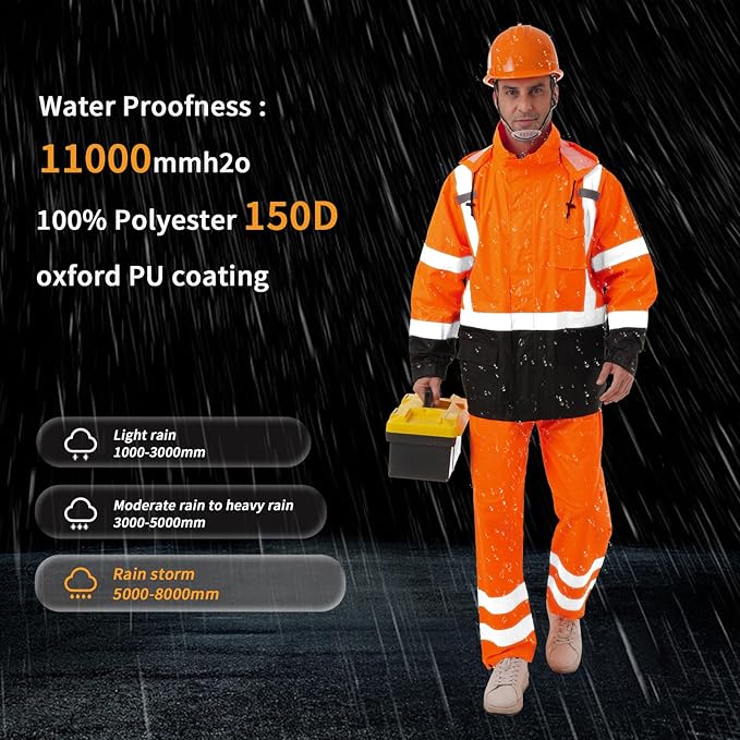 Hi Vis Safety rain Jacket，Reflective Class 3 Rain coat with Inner Mesh Lining and Pockets High Visibility Waterproof work Rain Suits for men&women（Tangerine,LG/XL）