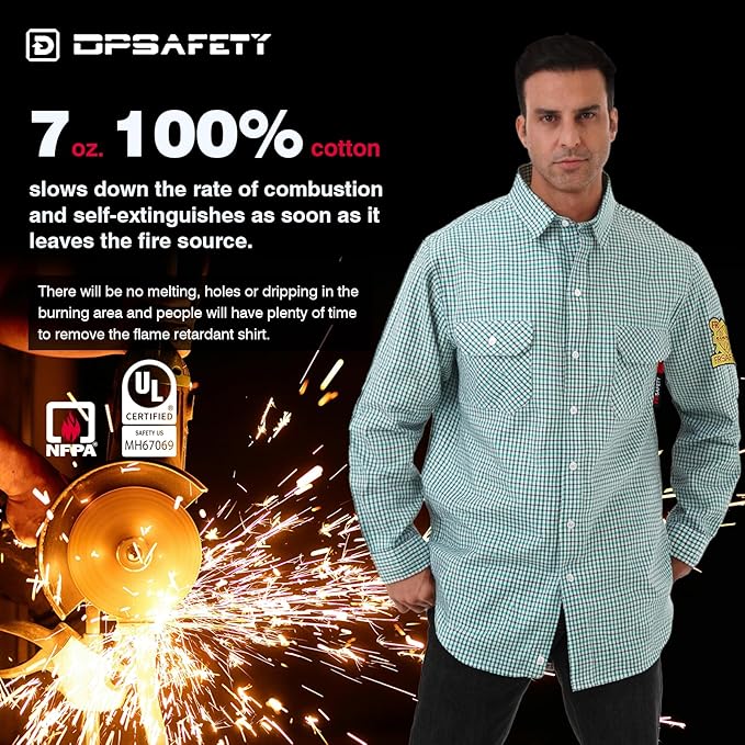 FR Shirts for Men 7oz Fire Resistant Shirts NFPA CAT2 Welding Shirt 100% Cotton Flame Resistant Shirt Greens/Plaid(3X-Large)