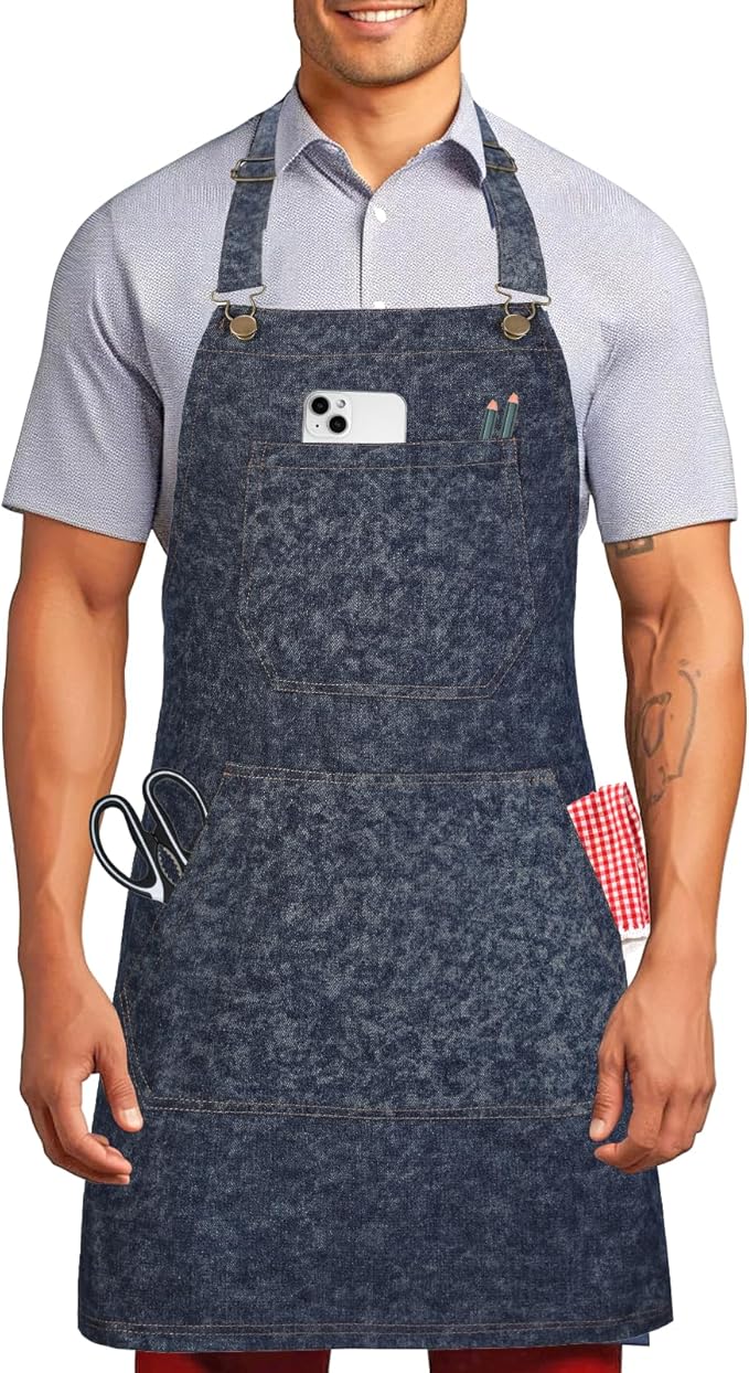 Cotton Denim Apron for Men Women, Cross Back Chef Apron with Large Pockets Removable Straps for Kitchen Cooking Gardening BBQ Hair Stylist Barista, Heavy Duty Jean Work Apron Adjustable Size