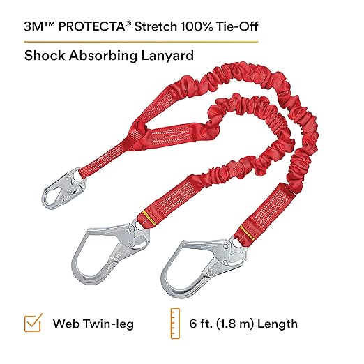 3M Protecta PRO 1340161 6', 100-Percent Elastic Shock Absorbing Lanyard, Snap Hook At Center, Steel Rebar Hooks On Leg Ends, 310 lb. Capacity, Red