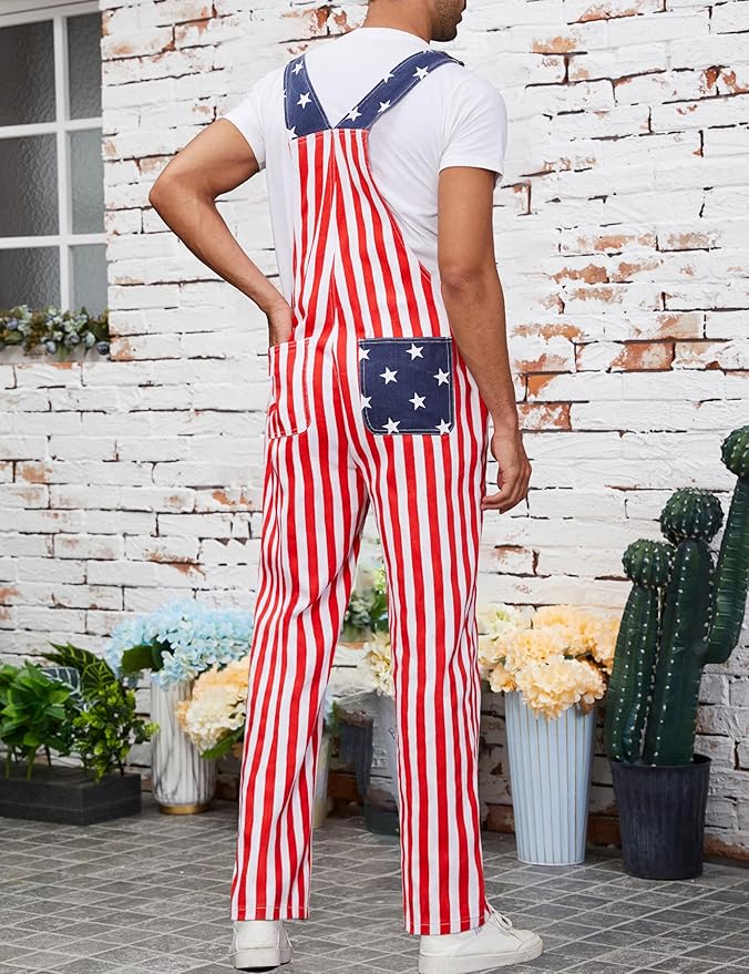 Men's American Flag Bib Overalls with Zipper Denim Romper Adjustable Straps USA Onesie 4th of July Jumpsuit