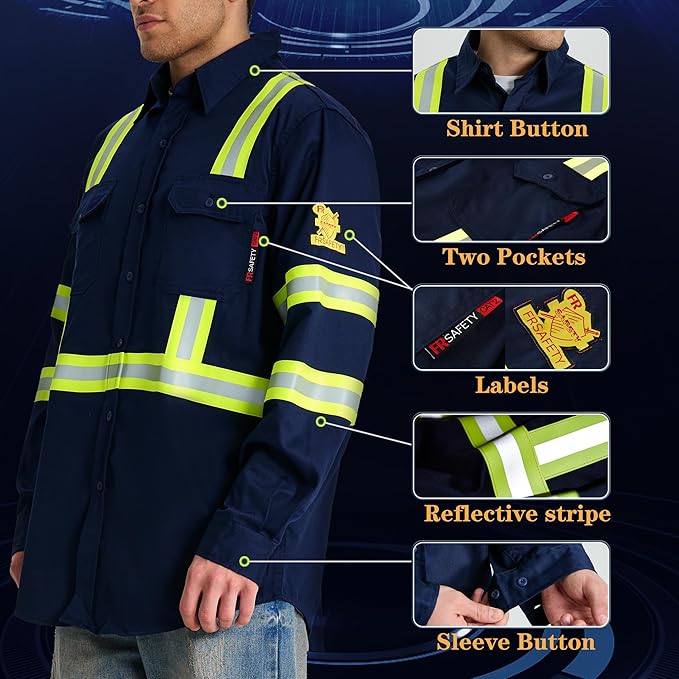 SRsafety Hi Vis FR Work Shirts,7.0oz Long Sleeve Flame Resistant Shirts for Men,100% Cotton High Visibility Fire Shirt