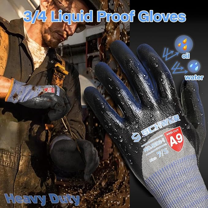Schwer ProGuard-X ANSI A9 Highest Level Cut/Abrasion Resistant Gloves for Heavy Duty Work, 3/4 Double Nitrile Coating for Detect Metal, Water and Oil Proof, Anti Slip, Touch Screen,Non-PFAS, 2M