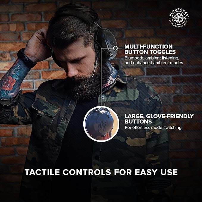Plugfones Mercenary Tactical Bluetooth Headset – Bluetooth Earmuffs Hearing Protection - Noise Reduction 24dB, Gel Cooling Ear Pads, Boom Mic, 5-Level Ambient Sound, 60-Hr of Power & USB-C Charging