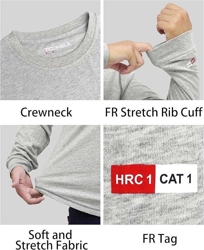 TICOMELA FR Shirts for Men 4oz Lightweight Flame Resistant Crewneck T-Shirts 100% Cotton Fire Retardant Henley Shirts