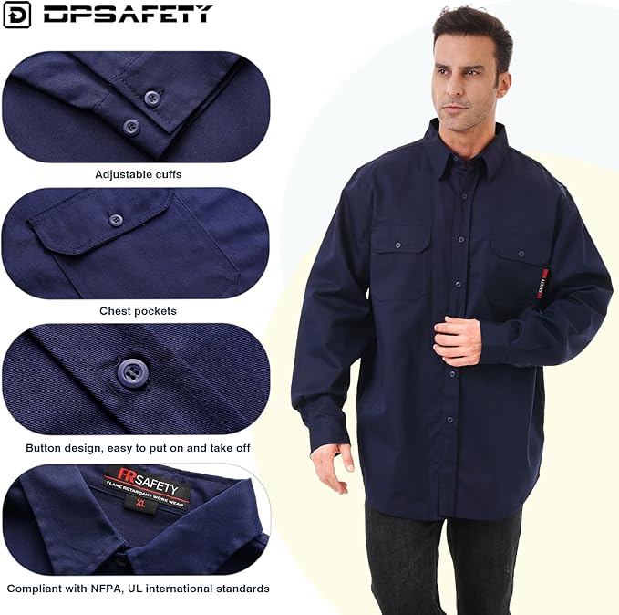 FR Shirt 7oz Fire Resistant Shirts Men's,CAT2 Welding Shirt 100% Cotton Flame Resistant Shirts Navy (5X-Large)