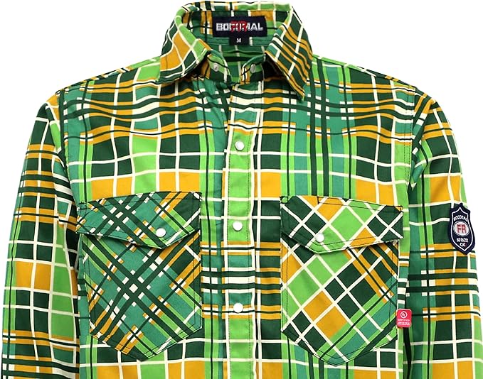 BOCOMAL FR Shirts Flame Resistant NFPA2112/CAT2 6.5oz Light Weight Printed Fire Retardant Plaid Shirt