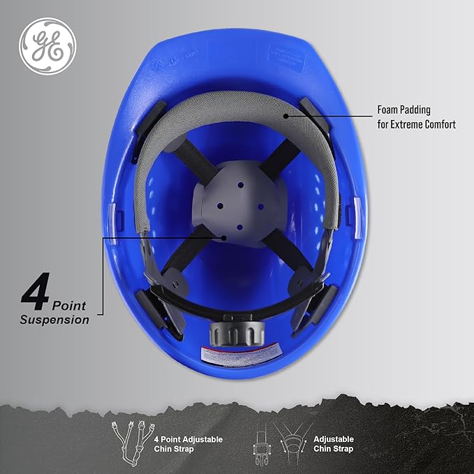 GE Cap Style Hard Hat, 4-Point Ratchet Suspension, Earmuff Slots, High Impact Resistant, Sweat-Wicking Sweatband, Meets ANSI Z89.1-2014, Comfortable, Durable, and Protective - Blue, Vented