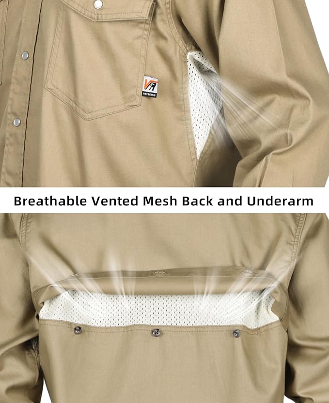 VATRENUS FR Shirts for Summer Pearl Snaps Breathable Vented Mesh Back and Underarm Lightweight Flame Resistant Welding Shirt