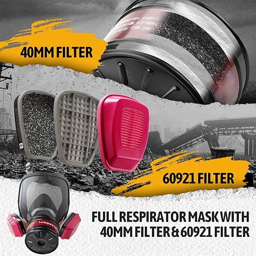 Gas Mask Respirator 4 Pack: Full Face Gas Masks Survival Nuclear and Chemical Reusable Respirator Mask with Filters 60921 & Activated Carbon 40mm Filter for Painting Mold Dust Epoxy Resin Welding