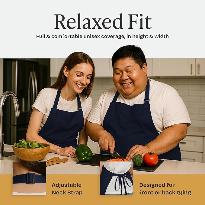 Will Well Kitchen Apron for Men and Women - 33" x 27" Oil-and-Water-Resistant with Adjustable Neck Strap and 38" Waist Ties for a Snug Fit, Lightweight with 2 Front Pockets - 1-Pack, Navy