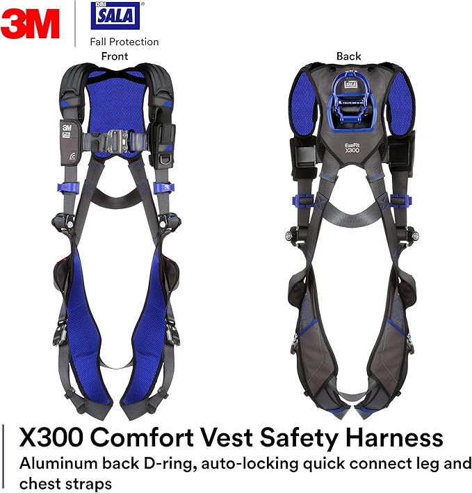 3M 1113007 DBI-SALA ExoFit NEX Vest Style Harness, Aluminum Back D-Ring, Locking Quick Connect Buckles, Large, Blue/Gray