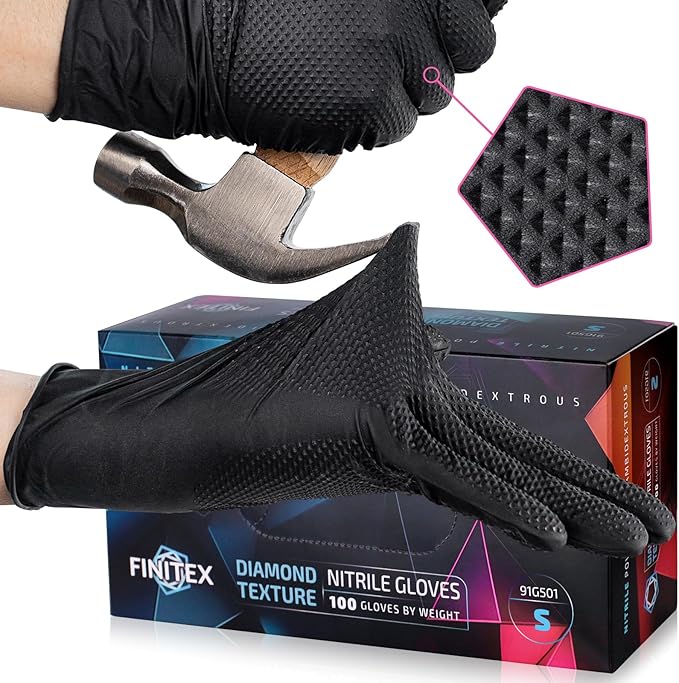FINITEX Disposable Industrial Diamond Texture Nitrile Glove - Chemical Resistant Heavy Duty 6.3mil Mechanic Automotive Gloves