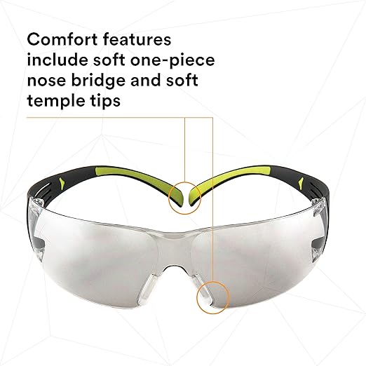 3M Safety Glasses, SecureFit, 20 Pack, ANSI Z87, Anti-Scratch Indoor/Outdoor (I/O) Mirror Lens, Green/Black Frame, Flexible Temples