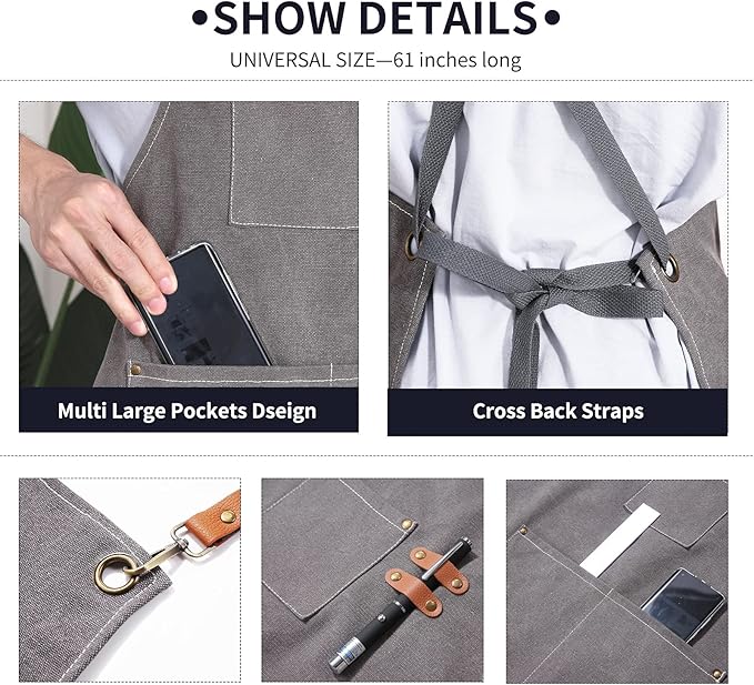 Chef Apron, Apron for Men Women with Adjustable Straps Cotton Canvas Cross Back Adjustable Apron with Pockets for Women and Men(Grey)