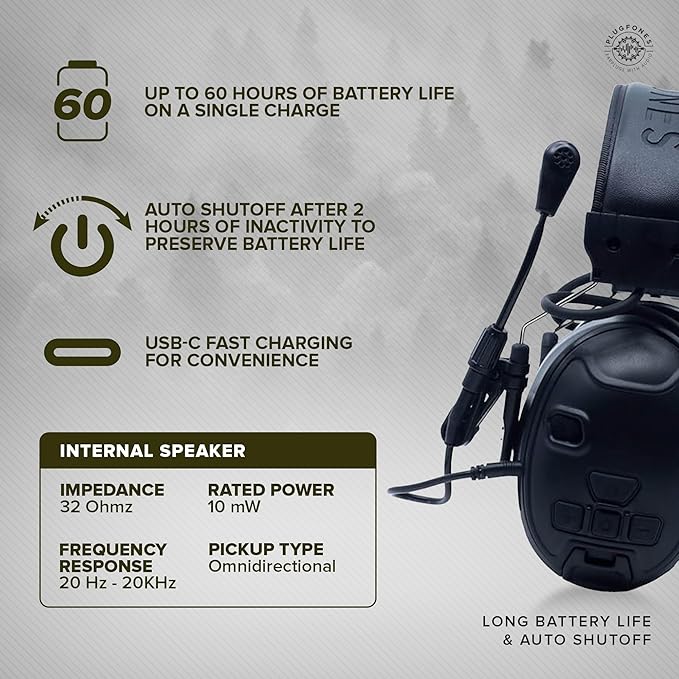 Plugfones Mercenary Tactical Bluetooth Headset – Bluetooth Earmuffs Hearing Protection - Noise Reduction 24dB, Gel Cooling Ear Pads, Boom Mic, 5-Level Ambient Sound, 60-Hr of Power & USB-C Charging