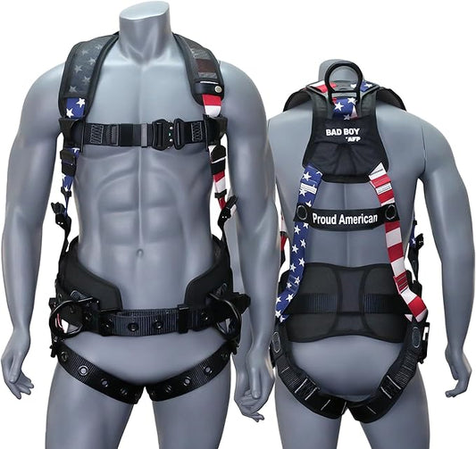 AFP Fall Protection Full-Body Premium Safety Harness, 8” Thick Support Belt, Aluminum D-Rings, Tongue Buckle (OSHA/ANSI PPE)