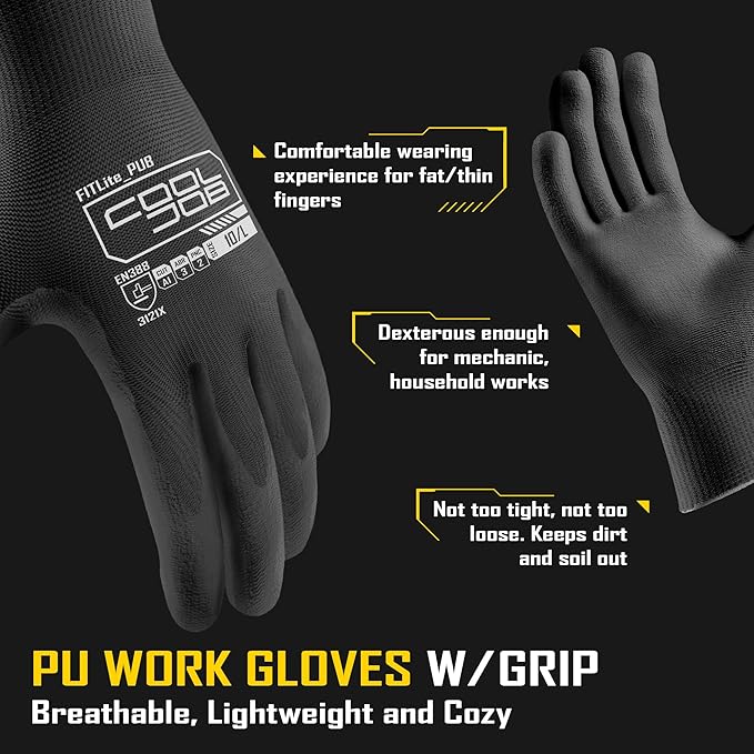 COOLJOB 12/60 Pairs Safety Work Gloves Pack Bulk with Grip PU Coating, 13 Gauge Seamless Knit Gloves with Polyurethane Dipped for Warehouse Working, Breathable Lightweight for Men Women, Black Medium