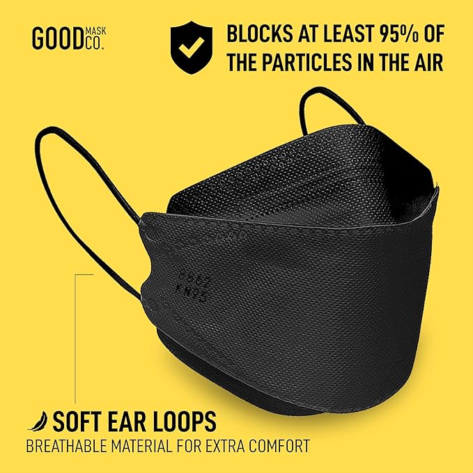 Good Mask Co. Good Comfort KN95 Face Mask, Disposable KN95 Face Mask, Folding, Filter Efficiency 95%, Comfortable Face Masks, Bulk Face Masks (10 Pack of Masks, Black)
