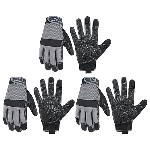 HANDLANDY Working Gloves for Men & Women, Safety Work Gloves with Grip for Warehouse Construction Garden Yard Outside (Grey-Grip, X-Large (Pack of 3))