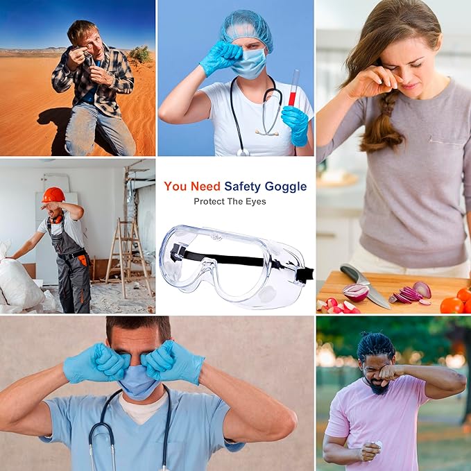 3 Pack Safety Goggles Anti-Fog Protective Adjustable Goggles Over Glasses Splash Eye Protection Adjustable For Lab Construction Worker Onion Cutting Clear Lens Eyewear Black
