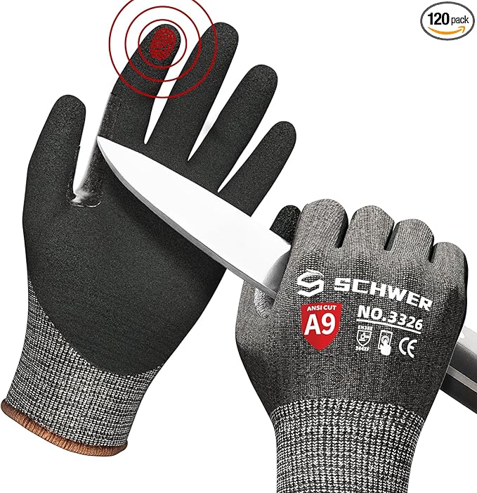 Schwer ProGuard Highest Level Cut Resistant Work Gloves PR3326 for Extreme Protection，ANSI A9 Cut Gloves with Reinforced Thumb, Non Slip, Non PFAS, Durable, Touch-screen, Black 120 Pairs, M