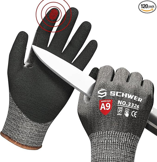 Schwer ProGuard Highest Level Cut Resistant Work Gloves PR3326 for Extreme Protection，ANSI A9 Cut Gloves with Reinforced Thumb, Non Slip, Non PFAS, Durable, Touch-screen, Black 120 Pairs, M