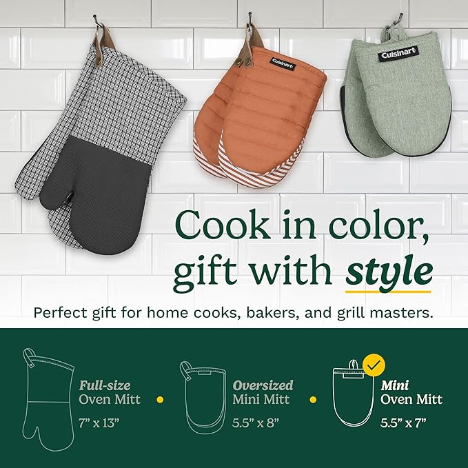 Cuisinart Mini Oven Mitts – 5.5” x 7” Heat-Resistant Kitchen Mitts for Oven with Non-Slip Neoprene Palm, Cotton Filling, and Fabric Loop – Durable Oven Mitt Set for Cooking & Baking (Sage)