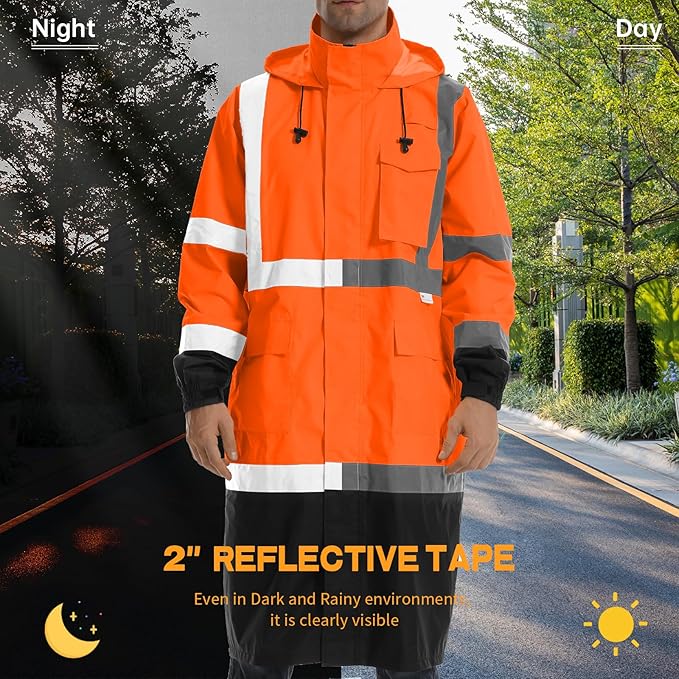 Hi Vis Rain Jacket with 3M Reflective Stripe,High Visibility Class 3 Rain coats,Safety Waterproof Rain Suits for Men with Hood and 2 Large Pockets construction work rain gear(Orange M)