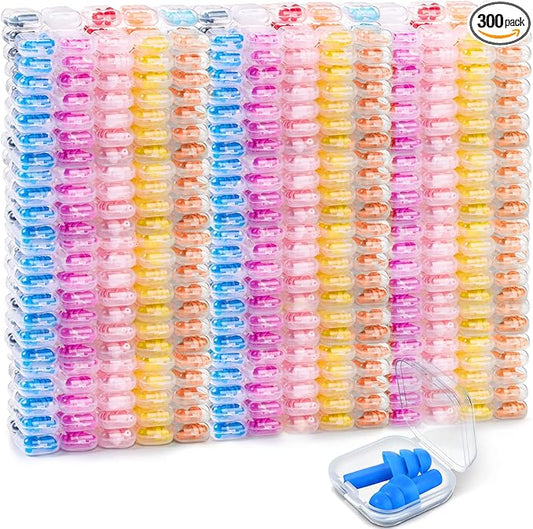 300 Pairs Ear Plugs Bulk for Sleeping Noise Cancelling, Swimming, Shooting, Concerts, Snoring 10 Assorted Colors with Carry Cases Reusable Silicone Earplugs Soft Ear Plugs