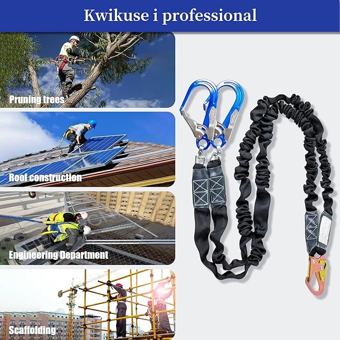 6ft Safety Lanyard Double Leg Internal Shock Absorbing Safety Fall Protection Lanyard with Rope Harness Safety Lanyard Dual Rebar & Snap Hook Roofer Fall Protection Equipment（Aluminium Alloy）