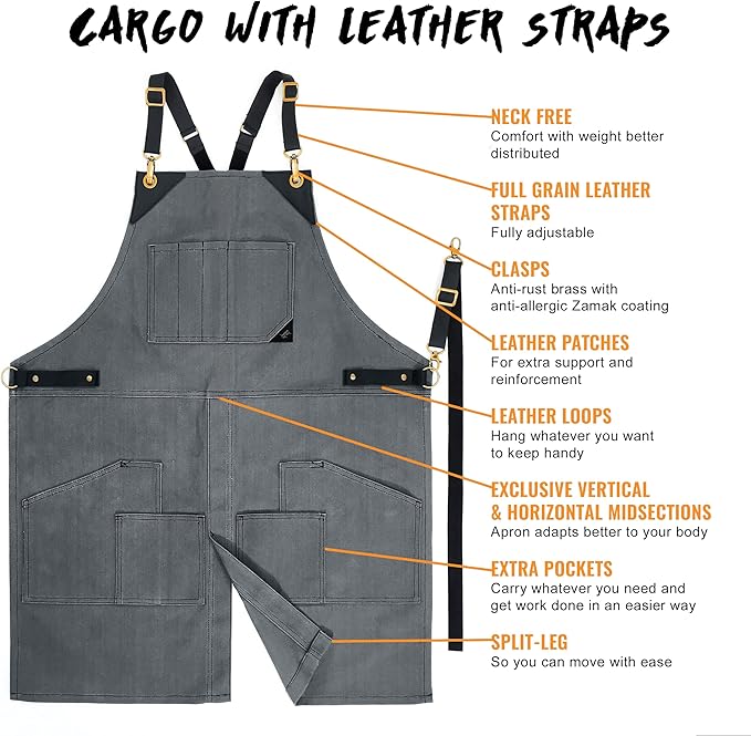 Under NY Sky Cargo Gray Apron – Cross-Back with Leather Straps, Heavy-Duty Waxed Canvas and Split-Leg – Adjustable for Men and Women – Pro Woodworker, Mechanic, Blacksmith, Welder, Artist Aprons