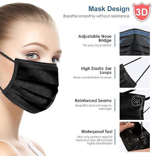 NNPCBT Black Disposable Face Masks 50PCS 3 Ply