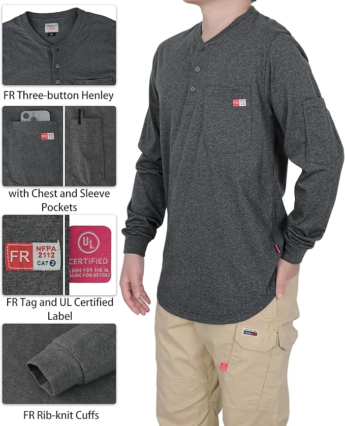 TICOMELA FR Shirts for Men Heather Series 6oz Flame Resistant T Shirt NFPA2112 CAT2 Fire Retardant Henley Shirts