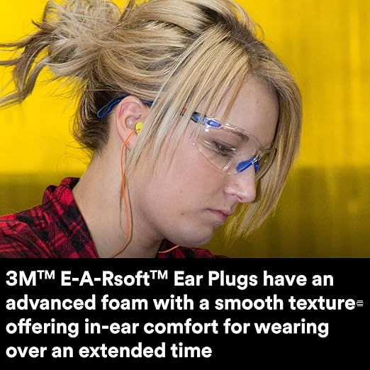 3M Ear Plugs, Pack of 200, E-A-Rsoft Yellow Neon Blasts 311-1252, Corded, Disposable, Foam, NRR 33, Drilling, Grinding, Machining, Sawing, Sanding, Welding, 1/Poly Bag
