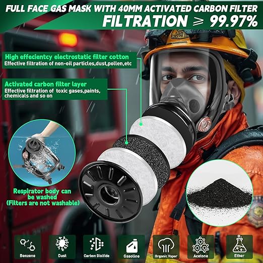 Full Face Respirator Mask, Gas Masks Survival Nuclear and Chemical with 40mm Activated Carbon Filter & 6001 Filter Cartridge,6800 Reusable Gasmasks for Paint, Welding and Other Work Protection