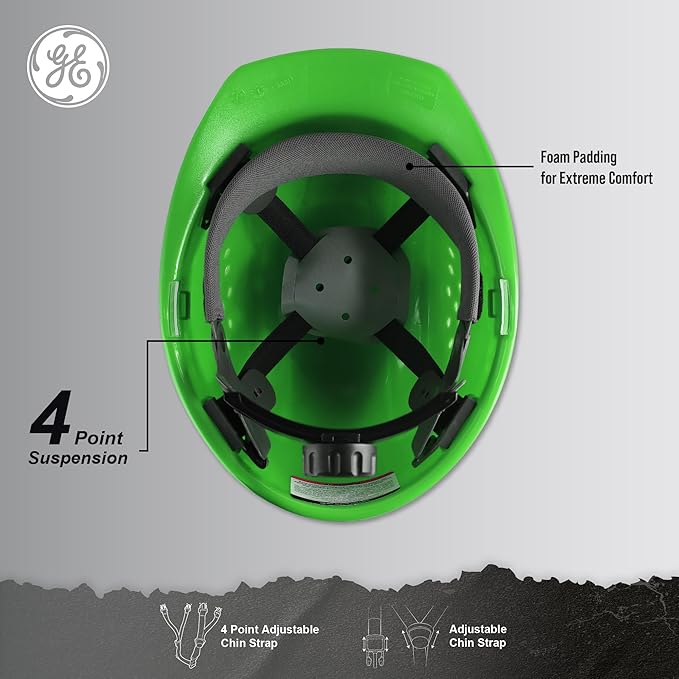 GE Safety Helmet Vented, Hard Hat Style, One Size with Earmuff Slots, Includes 4-Point Ratchet System, Meets ANSI ISEAZ89.1-2014, Green, Model # GH326N