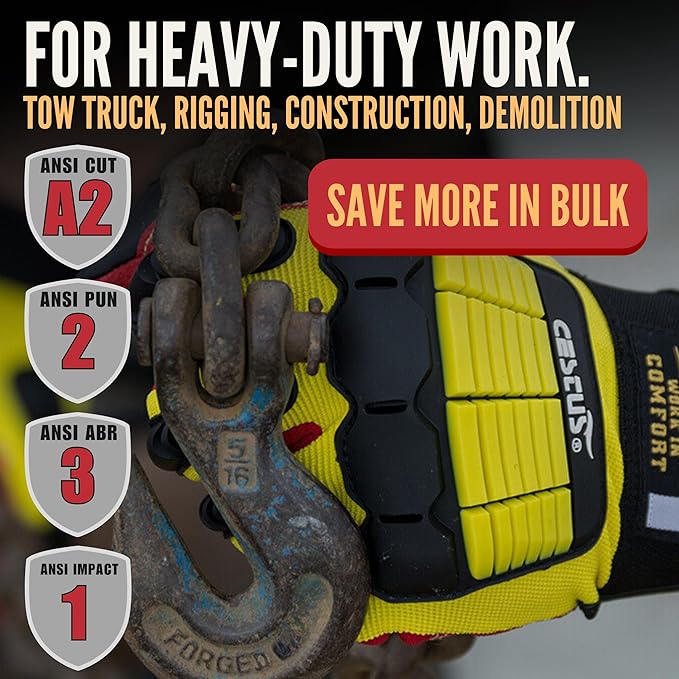 Cestus 3084, ANSI cut A2 Impact Gloves, (1, 3, 10, 50 pairs) Heavy Duty Work Gloves for Construction, Rigging, Tow Truck