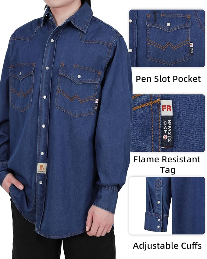 BOCOMAL FR Shirts Washed Denim EX Soft Midweight Smooth Fit Pearl Snaps Down Durable Flame Resistant Work Clothing