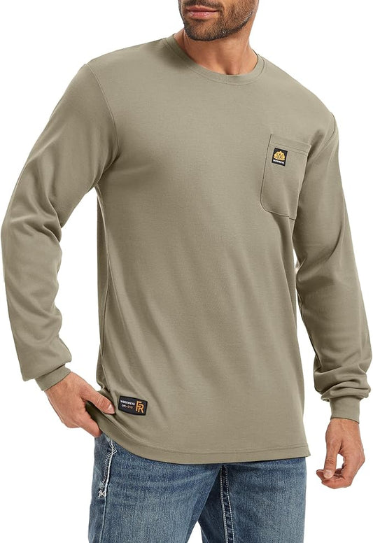 WORKWEYA Men's FR Shirts 6.5oz Lightweight Long Sleeve Flame Resistant T-Shirt NFPA 2112/CAT2