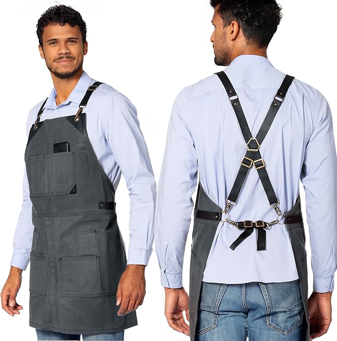 Under NY Sky Cargo Gray Apron – Cross-Back with Leather Straps, Heavy-Duty Waxed Canvas and Split-Leg – Adjustable for Men and Women – Pro Woodworker, Mechanic, Blacksmith, Welder, Artist Aprons
