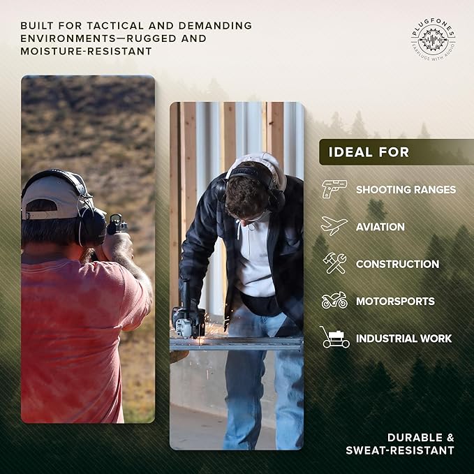 Plugfones Mercenary Tactical Bluetooth Headset – Bluetooth Earmuffs Hearing Protection - Noise Reduction 24dB, Gel Cooling Ear Pads, Boom Mic, 5-Level Ambient Sound, 60-Hr of Power & USB-C Charging