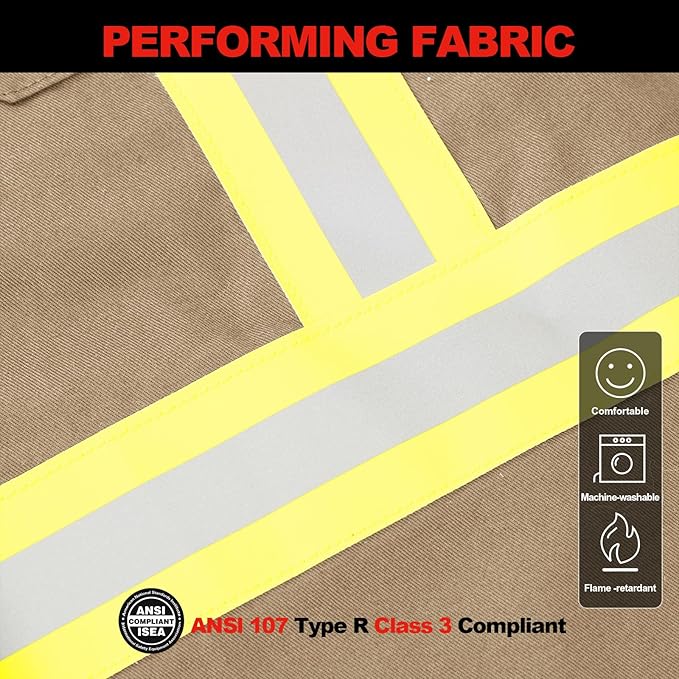 FR Shirts for Men 7oz High Visibility Fire Resistant Shirts NFPA CAT2 Welding Shirt 100% Cotton Hi Vis Flame Resistant Shirt Khaki(Medium)