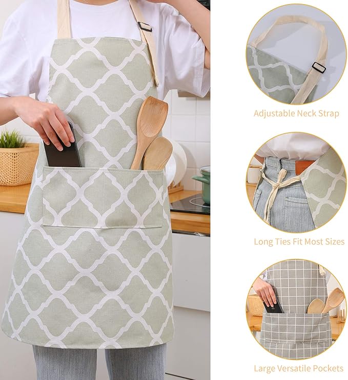 Tosewever 2 Pieces Cotton Linen Waterproof Bib Kitchen Apron with Pockets - Long Ties Adjustable Neck Strap - Unisex BBQ Cooking Drawing Crafting Aprons for Women Chef (Grey/Green, 2)