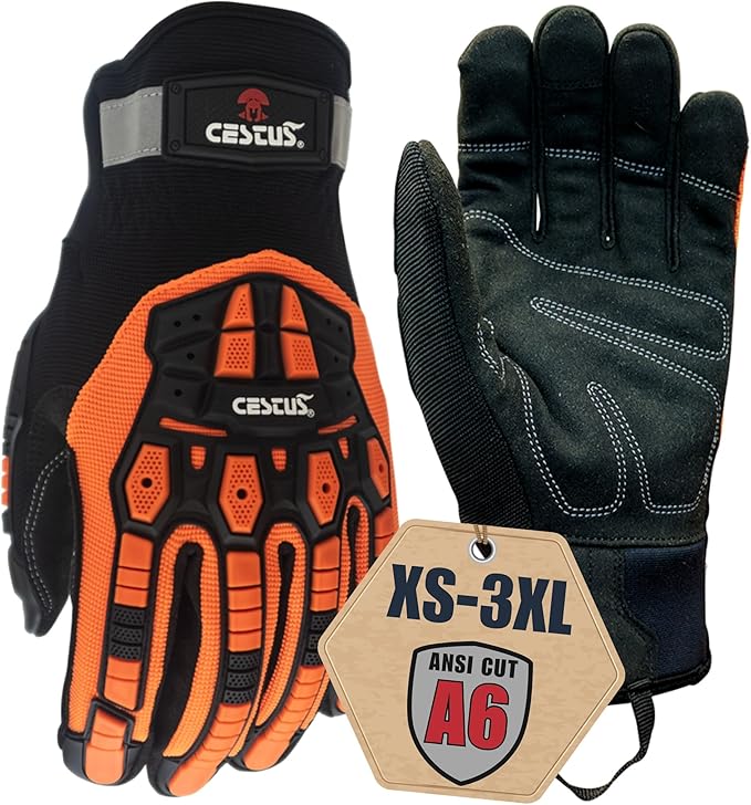 Cestus 6161, ANSI A6 Cut-Resistant Impact Gloves (1,3,10,50 Pairs) Dense Fabric Palm, Heavy Duty Safety Work Gloves, Utility