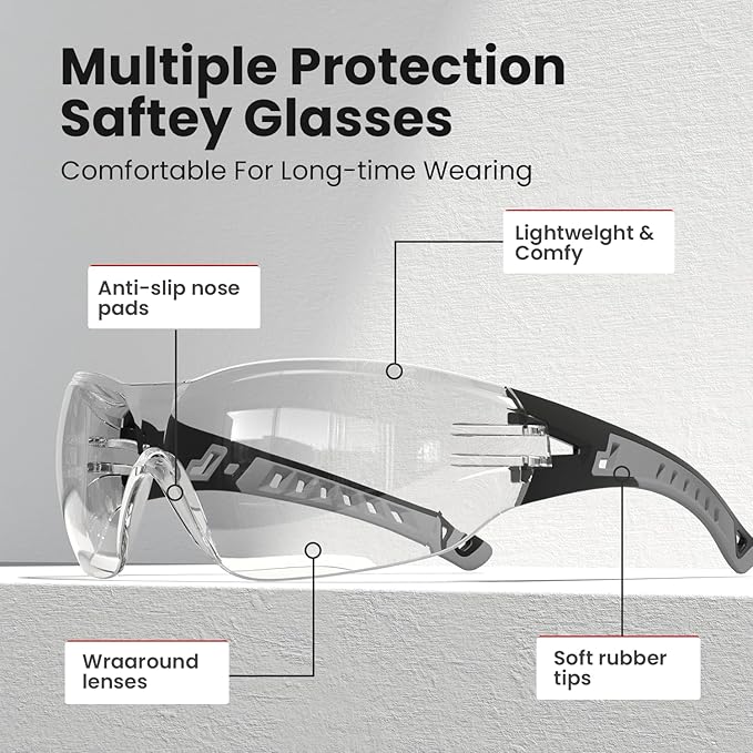 Safety Glasses with Clear Wraparound Lenses and Vented Frame